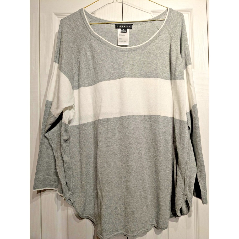 Tribal Sweater‎ Womens XL Gray White Striped Long Sleeve Pullover Top Casual